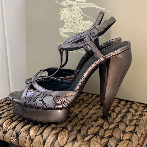 Burberry Leather T-Strap Stilettos in Dark Nickel